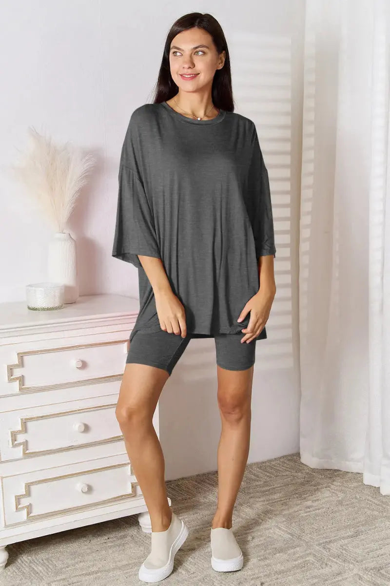 Basic Bae Full Size Soft Rayon Three - Quarter Sleeve Top and Shorts Set - Love Salve